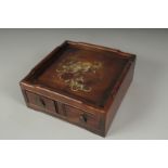 A CHINESE SHELL INLAID HARDWOOD BOX, the front with two pull-out drawers, 20cm square.
