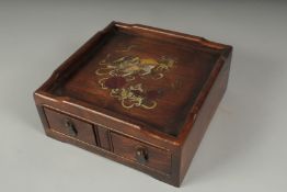 A CHINESE SHELL INLAID HARDWOOD BOX, the front with two pull-out drawers, 20cm square.