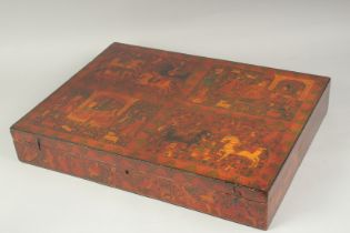 A VERY FINE AND LARGE 19TH CENTURY KASHMIR OR PUNJAB WORK LACQUERED WOODEN BOX, 55cm x 41cm.