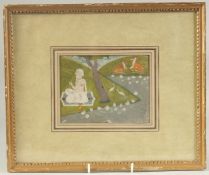 AN 18TH CENTURY INDIAN PAHARI MINIATURE PAINTING, depicting a sadhu meditating by a river, framed