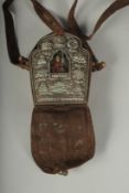 A LARGE TIBETAN BUDDHISTIC SHRINE GAU PRAYER BOX, encased in hanging pouch for wearing, box embossed