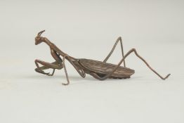 A JAPANESE BRONZE OKIMONO OF A PRAYING MANTIS, with reticulated limbs and wings, body 7.5cm long.