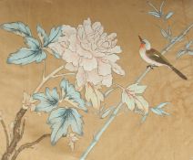 A CHINESE PAINTING ON SILK, depicting a bird and flower, red seal mark lower right.