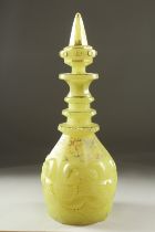 A 19TH CENTURY ISLAMIC, OTTOMAN MARKET, ENAMEL OVERLAID BOHEMIAN GLASS DECENTER AND STOPPER, 36cm