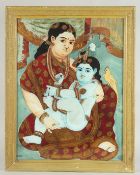 A LARGE LATE 19TH - EARLY 20TH CENTURY SOUTH INDIAN TANJORE REVERSE GLASS PAINTING depicting baby