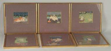 A FINE COLLECTION OF SIX INDIAN EROTIC MINIATURE PAINTINGS, each uniformly framed and glazed, (6).