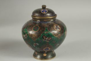 A FINE CLOISONNE ENAMEL KORO, with glittered green enamel band with butterflies and decorative