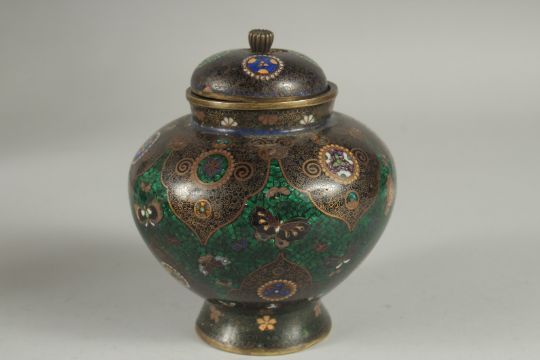 A FINE CLOISONNE ENAMEL KORO, with glittered green enamel band with butterflies and decorative - Image 1 of 8