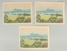 TOSHI YOSHIDA (1911-1995): SHIRASAGI CASTLE, 1942; three original Japanese woodblock prints, (3).