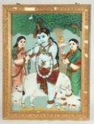 A LARGE LATE 19TH CENTURY SOUTH INDIAN TANJORE REVERSE GLASS PAINTING depicting a fluting Krisha,