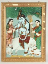 A LARGE LATE 19TH CENTURY SOUTH INDIAN TANJORE REVERSE GLASS PAINTING depicting a fluting Krisha,