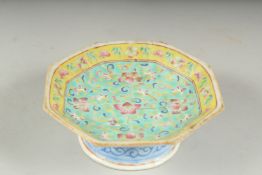 A SMALL CHINESE TURQUOISE GROUND FAMILLE ROSE FOOTED DISH, 13cm wide.