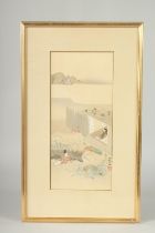 AN ORIGINAL JAPANESE WATERCOLOUR PAINTING ON PAPER, depicting a scene with two seated figures -