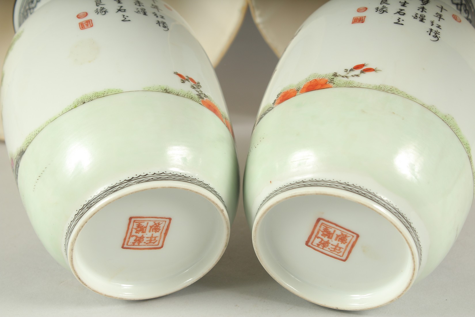 A PAIR OF CHINESE FAMILLE ROSE PORCELAIN VASE LAMPS, each painted with figures in a garden and - Image 7 of 7