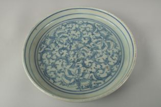 A LATE 19TH CENTURY CHINESE BLUE AND WHITE PORCELAIN DISH, painted with floral motifs, 19cm