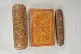 A 19TH CENTURY INDIAN KASHMIRI LACQUERED BOX, 24cm x 16cm, together with two pen boxes, (3).