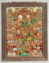 A LARGE LATE 19TH CENTURY SOUTH INDIAN TANJORE REVERSE GLASS PAINTING depicting the coronation of