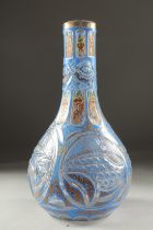 A 19TH CENTURY ISLAMIC, OTTOMAN MARKET, ENAMEL OVERLAID BOHEMIAN GLASS HUQQA BASE, 29.5cm high.