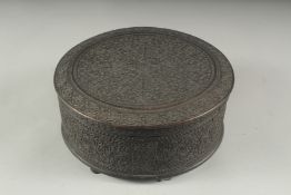 A FINE MID 19TH CENTURY ANGLO INDIAN CARVED EBONY BOX AND COVER, 19cm x 17cm.