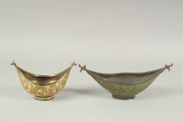 TWO LATE 19TH - EARLY 20TH CENTURY INDIAN KASHMIRI LACQUERED KASHKUL BOWLS.