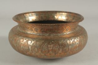 A 19TH CENTURY QAJAR ENGRAVED TINNED COPPER BOWL, 23cm diameter.