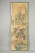 A LARGE CHINESE SCROLL PANTING OF A MOUNTAINOUS LANDSCAPE, inscribed and with four red seal marks,