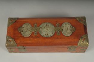 A LATE 19TH - EARLY 20TH CENTURY CHINESE JADE MOUNTED HARDWOOD BOX, the hinged lid inset with