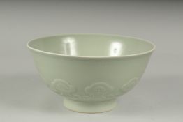 A LARGE CHINESE CELADON GLAZE PORCELAIN BOWL - POSSIBLY REPUBLIC PERIOD, the exterior with a band of