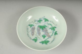 A SMALL CHINESE DOUCAI PORCELAIN SAUCER DISH, painted with grapes, character mark to base, 9cm