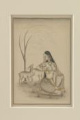 A 19TH CENTURY INDIAN MINIATURE PAINTING, depicting a lady in the wilderness with deer, image 21cm x