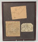 THREE 18TH-19TH CENTURY INDIAN DRAWINGS OF ELEPHANTS, framed and glazed together, frame 43cm x
