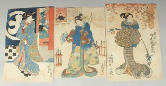 KUNISADA I UTAGAWA (1786-1865): EDO BEAUTIES; three mid 19th century original Japanese woodblock