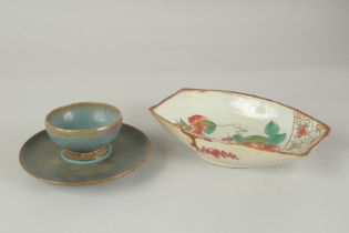 A CHINESE WUCAI PORCELAIN DISH AND A JUN WARE CUP AND SAUCER, (3 pieces).