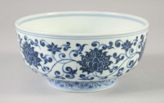 A CHINESE BLUE AND WHITE PORCELAIN BOWL, the exterior decorated with lotus and vine, six-character