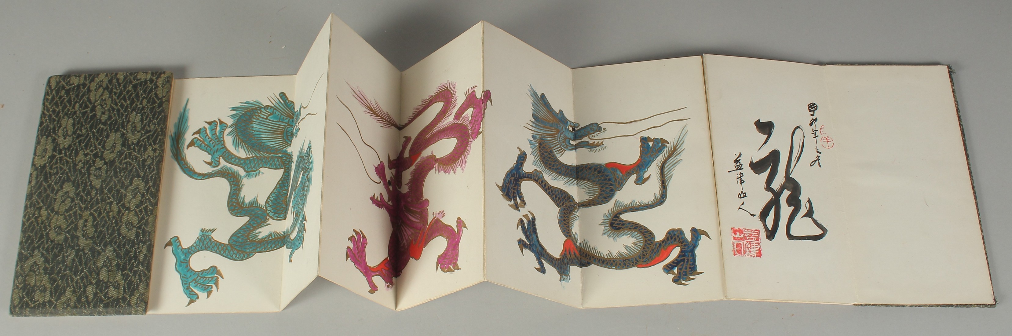 A CHINESE FOLD-OUT BOOK OF DRAGON PAINTINGS, inscription to the inner leaf with two red seal stamps, - Image 2 of 3