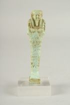 A FINE EYGPTIAN SHABTI on a perspex base, figure 17cm high.