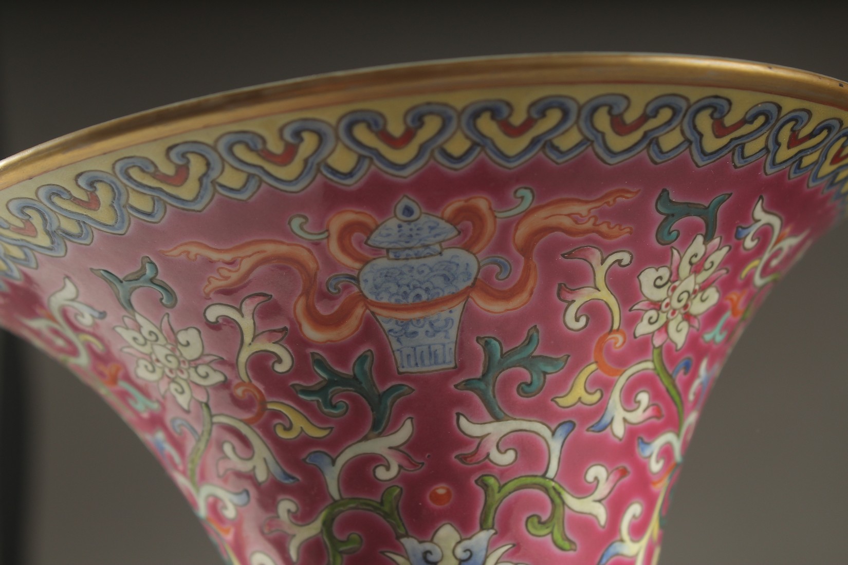 A CHINESE PINK GROUND FAMILLE ROSE PORCELAIN SECTIONAL GU VASE, and fitted hardwood stand, bearing - Image 8 of 10