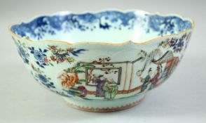 AN 18TH CENTURY CHINESE QIANLONG PERIOD PORCELAIN BOWL, the exterior painted with various figures in