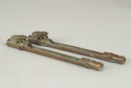 A PAIR OF JAPANESE BRONZE PAPERWEIGHTS, with an insect on bamboo, the underside with mark, 19cm