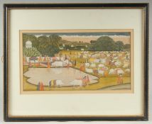 A FINE LARGE 19TH CENTURY INDIAN MINIATURE PAINTING, depicting a village scene, framed and glazed