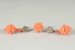 A PAIR OF CORAL EARRINGS AND ANOTHER PENDANT, (3).