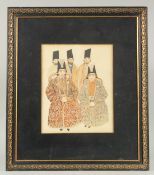 A FINE 19TH CENTURY PERSIAN QAJAR WATERCOLOUR PAINTING, depicting two seated princes and attendants,