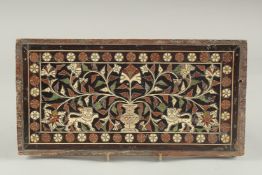 A FINE 16TH - 17TH CENTURY MUGHAL INDO PORTUGESE IVORY INLAID PANEL, probably from a cabinet, 12.5cm