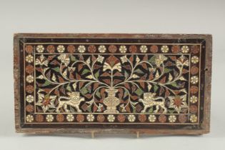 A FINE 16TH - 17TH CENTURY MUGHAL INDO PORTUGESE IVORY INLAID PANEL, probably from a cabinet, 12.5cm
