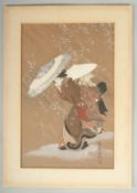 KUTAGAWA FUJIMARO (1790-1850): BEAUTY IN THE SNOW; a Japanese hand coloured woodblock print.