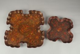TWO FINE 19TH CENTURY INDIAN KASHMIR OR PUNJAB LACQUERED PAPIER MACHE TRAYS, each with figural