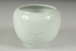 A CHINESE REPUBLIC PERIOD WHITE CELADON PORCELAIN POT, with carved ruyi stylised foliate decoration,