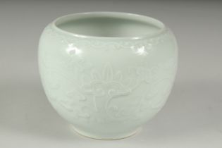 A CHINESE REPUBLIC PERIOD WHITE CELADON PORCELAIN POT, with carved ruyi stylised foliate decoration,