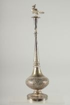 A 19TH CENTURY CHINESE EXPORT / INDIAN SILVER ROSEWATER SPRINKLER, with bird form finial and