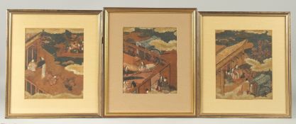 A SET OF THREE FINE JAPANESE EDO PERIOD GOUACHE PAINTINGS, depicting scenes with various figures and